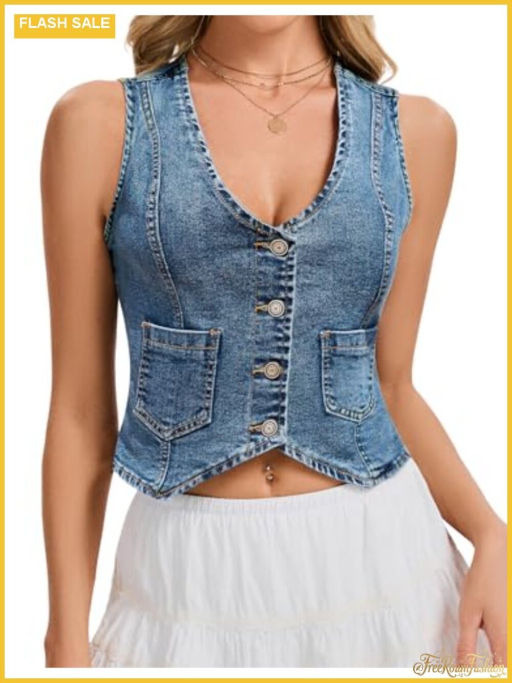 Cropped Denim Vest Sleeveless V-Neck Button Down Womens Jean Top with Pockets